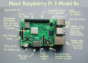 This is a model of the Raspberry Pi 3 B+. Some of the labeled parts I used in my project were the Micro USB Port, full size HDMI, and 2 USB Ports. The Micro USB Port was used for powering up my Raspberry Pi, the full size HDMI was connected from my Raspberry Pi with my monitor, and one USB Port to connect to my wireless keyboard and the other to my wireless mouse.