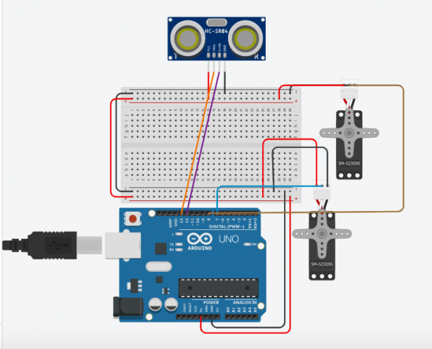 Fig. 2 :Circuit diagram displaying the wiring between the servos, Arduino, and US sensor